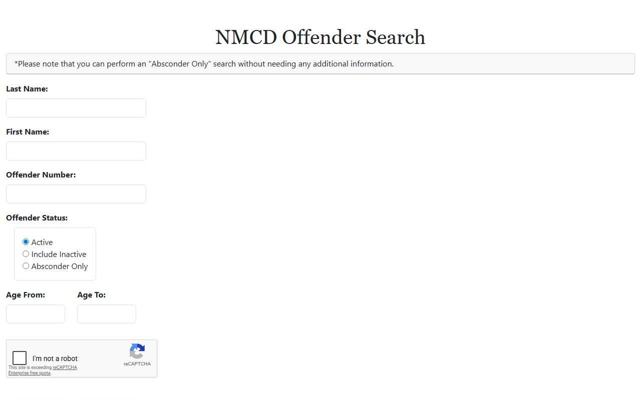 Curry County inmate population NMCD offender search form for state custody